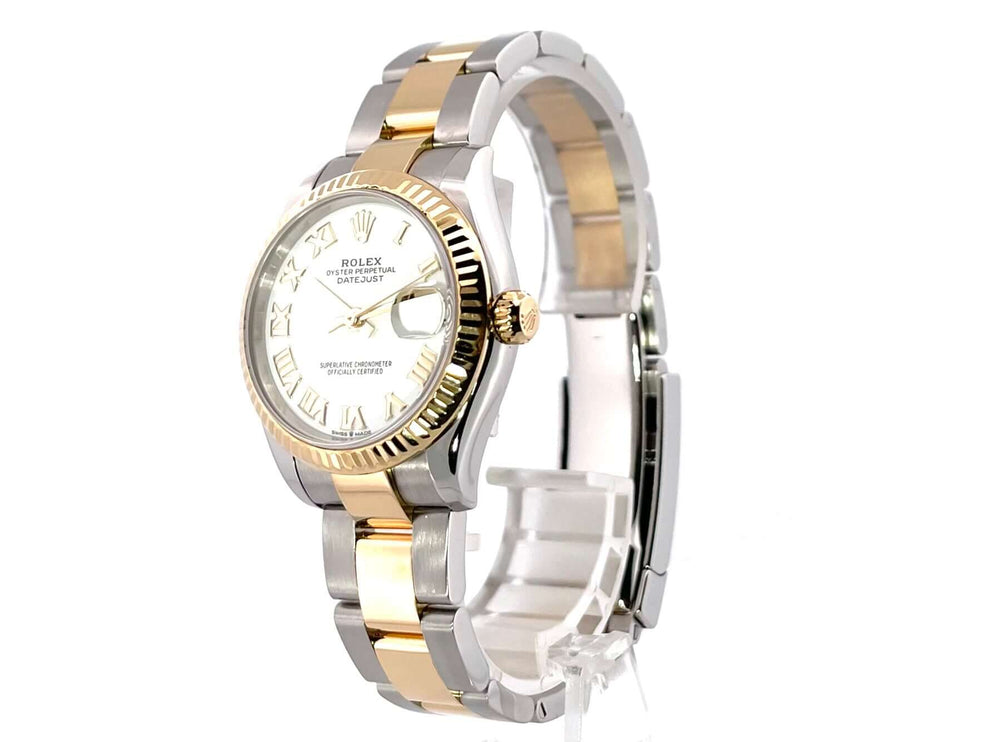 Rolex Datejust 31 Oystersteel Gelbgold Ref. 278273, weißes Zifferblatt, römische Ziffern, 18 kt Gelbgold-Lünette.