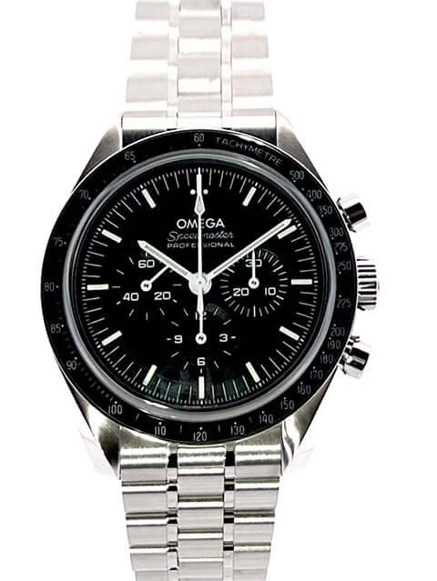 Omega Speedmaster Professional Moonwatch 310.30.42.50.01.002 mit schwarzem Zifferblatt, Edelstahlgehäuse und -armband, Tachymeterskala, Leuchtindizes und Handaufzug.