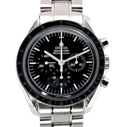 Omega Speedmaster Professional Moonwatch Ref. 311.30.42.30.01.005 mit Edelstahlgehäuse und Armband, schwarzes Zifferblatt, Tachymeterskala.
