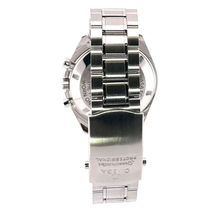 Rückseite der Omega Speedmaster Professional Moonwatch 311.30.42.30.01.005 mit poliertem Edelstahlarmband.