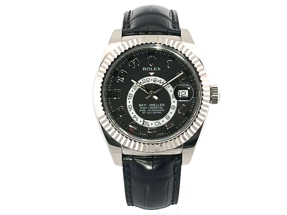 Rolex Sky-Dweller Weißgold 326139 Schwarz Armbanduhr, schwarzes Krokodillederband, 18 kt Weißgoldgehäuse, schwarzes Zifferblatt mit arabischen Ziffern