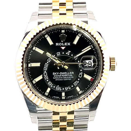 Rolex Sky-Dweller 326933 Jubile-Band Schwarz aus Edelstahl und Gelbgold, schwarzes Zifferblatt, bicolor Armband mit Oysterclasp.
