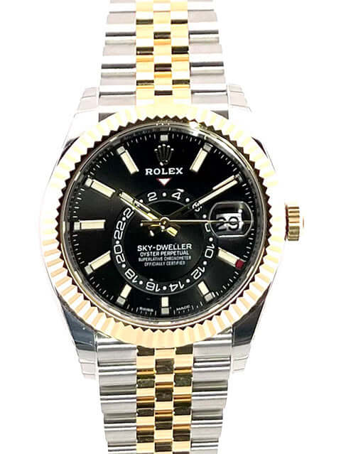 Rolex Sky-Dweller 326933 Jubile-Band Schwarz aus Edelstahl und Gelbgold, schwarzes Zifferblatt, bicolor Armband mit Oysterclasp.