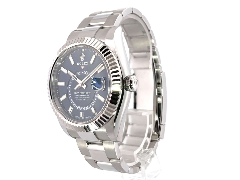 Rolex Sky-Dweller Edelstahl Weißgold Ref. 326934 Blau, ungetragen aus 2019, poliertes und satiniertes Gehäuse und Oyster-Armband