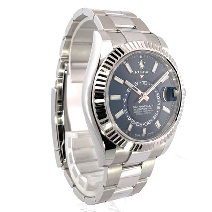 Rolex Sky-Dweller Ref. 326934, Edelstahl Weißgold, blaues Zifferblatt, 2019 ungetragen, Leuchtzeiger, Oyster-Armband, 42 mm Gehäuse.