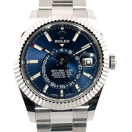 Rolex Sky-Dweller Edelstahl Weißgold 326934 Blau ungetragen 2021, blaues Zifferblatt, Oyster-Armband, Ring-Command-Lünette aus 18 kt Weißgold