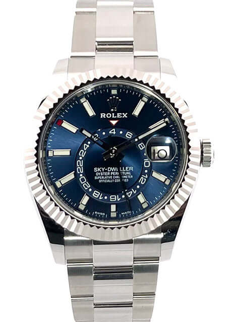 Rolex Sky-Dweller Edelstahl Weißgold 326934 Blau ungetragen 2021, blaues Zifferblatt, Oyster-Armband, Ring-Command-Lünette aus 18 kt Weißgold