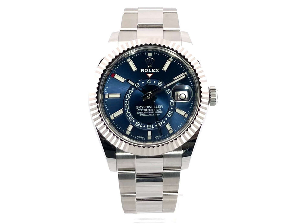 Rolex Sky-Dweller 326934 Edelstahl/Weißgold mit blauem Zifferblatt, poliertem Gehäuse und Oyster-Armband, ungetragen aus 2021