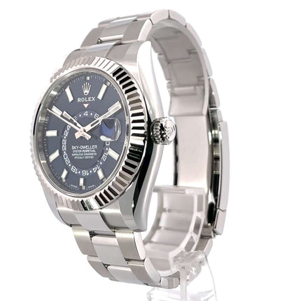 Rolex Sky-Dweller Edelstahl Weißgold 326934 Blau ungetragen, poliertes und satiniertes Edelstahlgehäuse, blaues Zifferblatt, Oyster-Armband