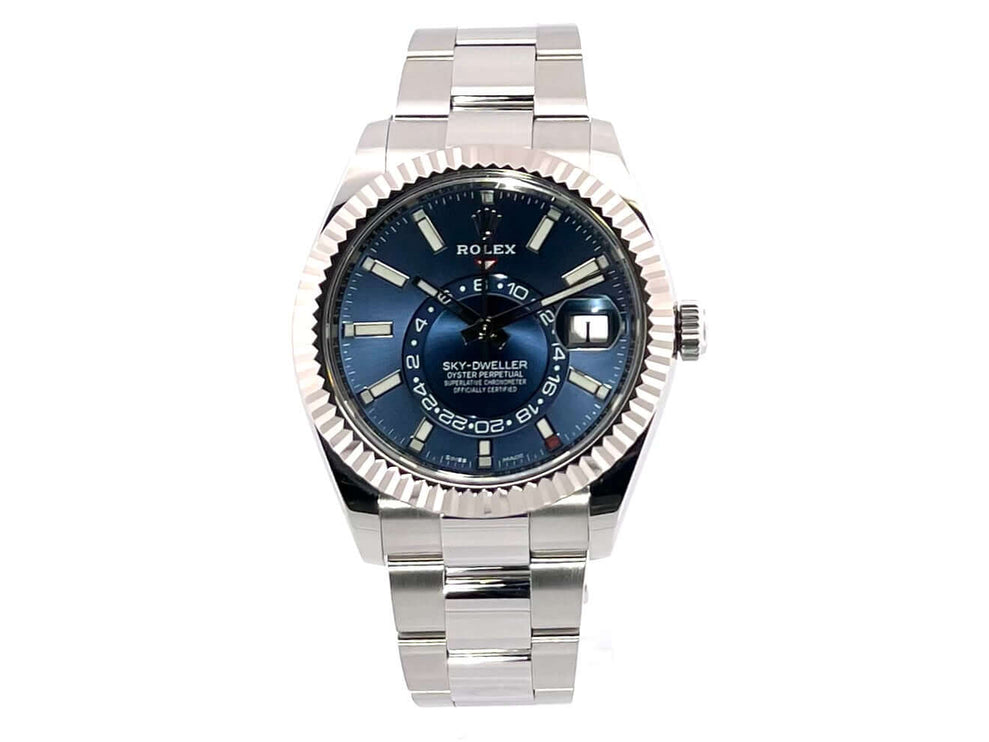 Rolex Sky-Dweller Edelstahl Weißgold 326934 Blau, 2020, poliert und satiniert, blaues Zifferblatt, Oyster-Armband, 42 mm Gehäusedurchmesser.