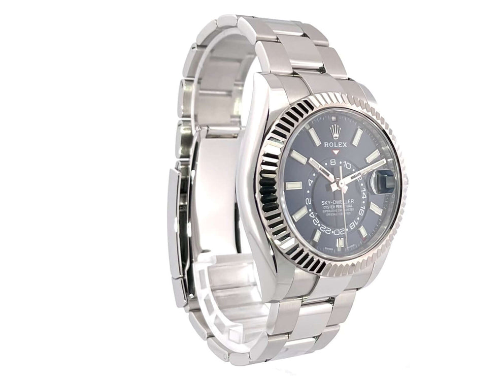 Rolex Sky-Dweller Edelstahl Weißgold 326934 Blau, poliertes Edelstahlgehäuse, 42 mm Durchmesser, zweifarbige Lünette aus 18 kt Weißgold.