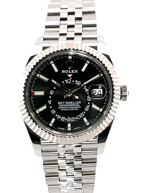 Rolex Sky-Dweller 326934 mit schwarzem Zifferblatt und Jubile-Armband aus Edelstahl, Weißgold und Leuchtindizes, 2021 Modell.