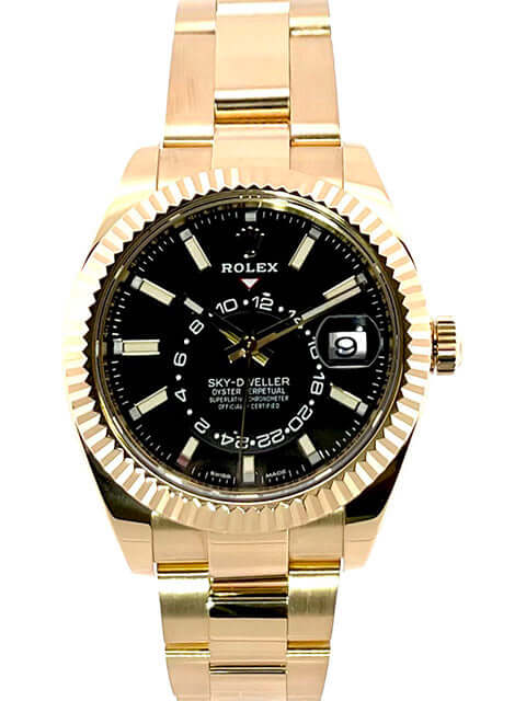 Rolex Sky-Dweller 326938 Gelbgold Schwarz Zifferblatt, Gehäuse und Armband aus 18 kt Gelbgold, schwarzes Zifferblatt mit Leuchtindizes.