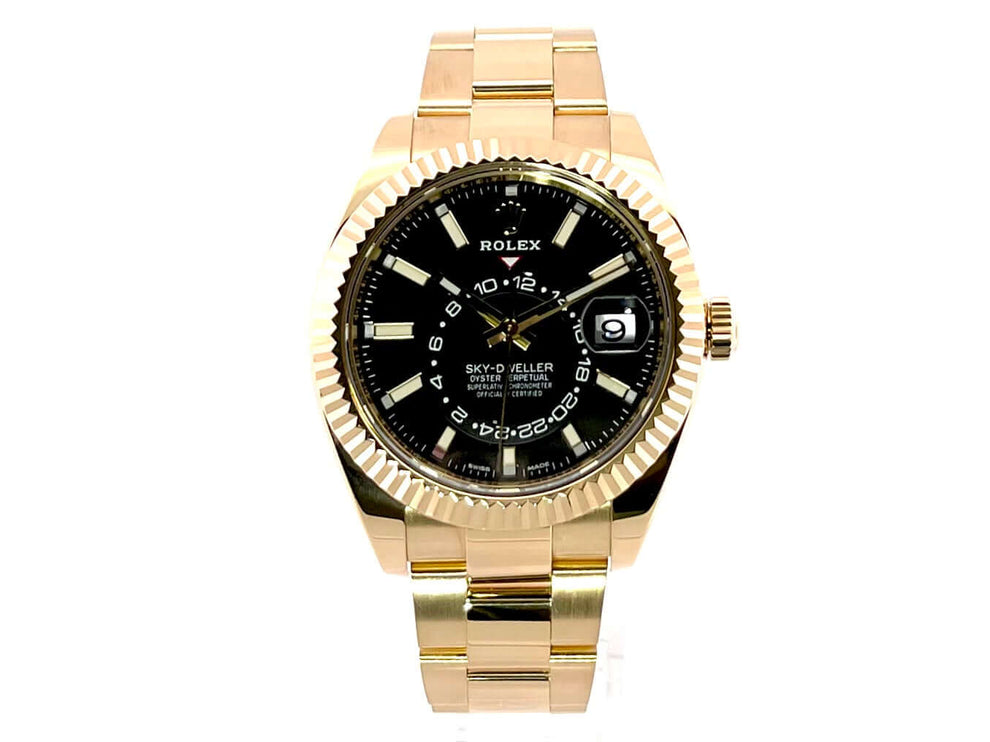 Rolex Sky-Dweller 326938 in 18 kt Gelbgold mit schwarzem Zifferblatt und Oysterband, 42 mm Gehäuse, Datum bei 3 Uhr.