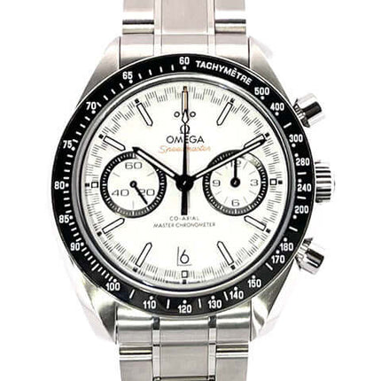 Omega Speedmaster Racing Chronograph Master Chronometer 329.30.44.51.04.001 Edelstahl poliertes und satiniertes Gehäuse, weißes Zifferblatt.