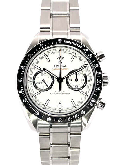 Omega Speedmaster Racing Chronograph Master Chronometer 329.30.44.51.04.001 Edelstahl poliertes und satiniertes Gehäuse, weißes Zifferblatt.