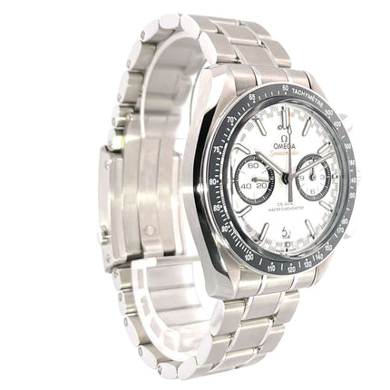 Omega Speedmaster Racing Chronograph Master Chronometer 329.30.44.51.04.001 mit Edelstahlgehäuse und weißem Zifferblatt.