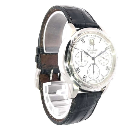 Glashütte Original Senator Chronograph 39-32-05-03-04, Edelstahlgehäuse, schwarzes Alligatorleder Armband, silberfarbenes Zifferblatt, Automatik Uhrwerk.