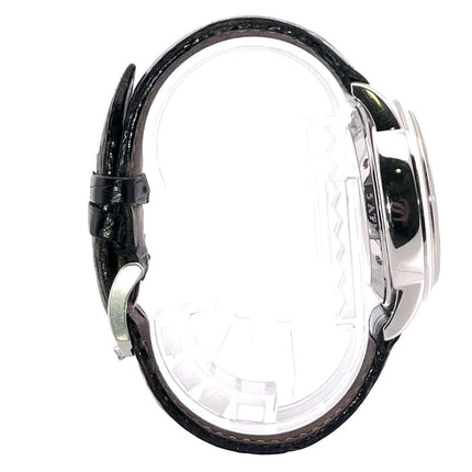 Glashütte Original Senator Chronograph 39-32-05-03-04 Seitenansicht, poliertes Edelstahlgehäuse, schwarzes Alligatorleder Armband, Dornschließe