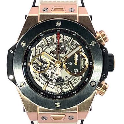 Hublot Big Bang Unico King Gold 411.OM.1180.RX mit 18 kt Rotgoldgehäuse, transparentem Zifferblatt und weiß-schwarzem Kautschukarmband