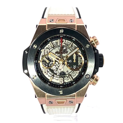 Hublot Big Bang Unico King Gold 411.OM.1180.RX, 45 mm Keramik Lünette, weiß-schwarzes Kautschuk Armband, transparentes Zifferblatt, Chronograph