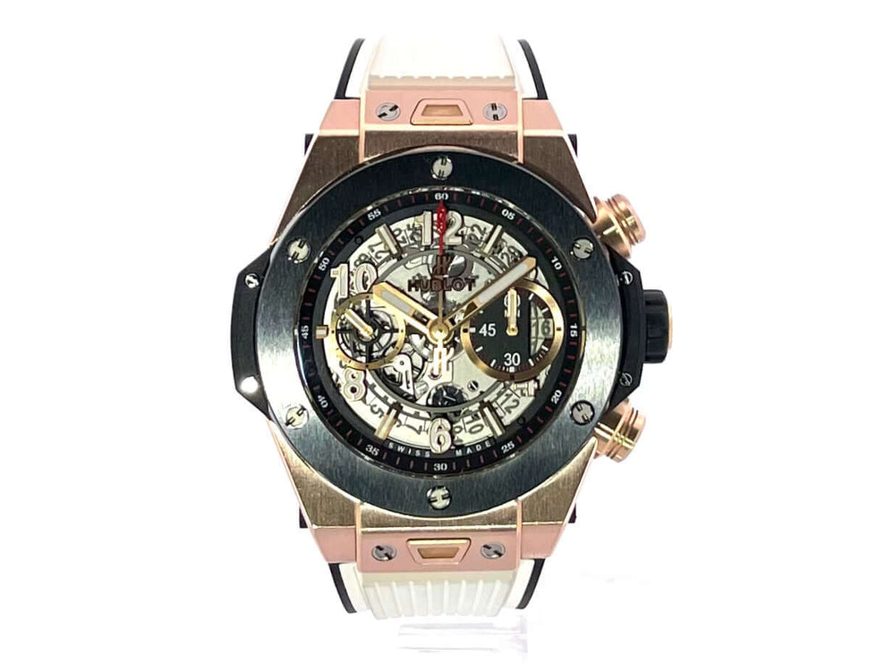 Hublot Big Bang Unico King Gold 411.OM.1180.RX, 45 mm Keramik Lünette, weiß-schwarzes Kautschuk Armband, transparentes Zifferblatt, Chronograph