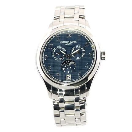 Patek Philippe Complications Annual Calendar Mondphase 4947/1A-001 Edelstahlgehäuse mit blauem Zifferblatt und Edelstahlarmband.