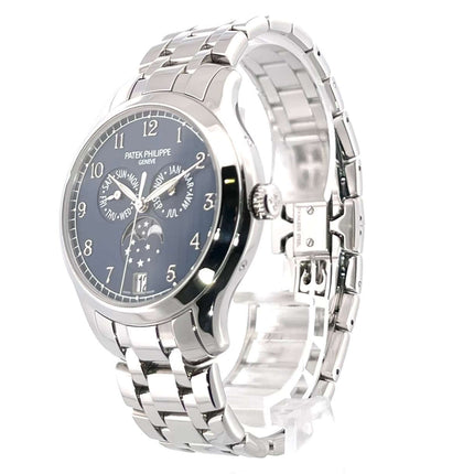 Patek Philippe Complications Annual Calendar Mondphase 4947/1A-001 Herrenarmbanduhr mit blauem Zifferblatt und Edelstahlband