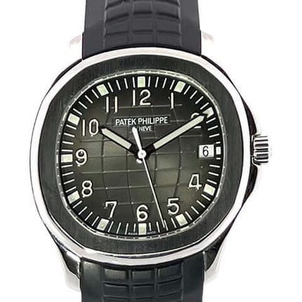 Patek Philippe Aquanaut 5167A-001 Edelstahlgehäuse, schwarzes Kautschukband, automatisches Uhrwerk, arabische Leuchtziffern, schwarzes Zifferblatt.