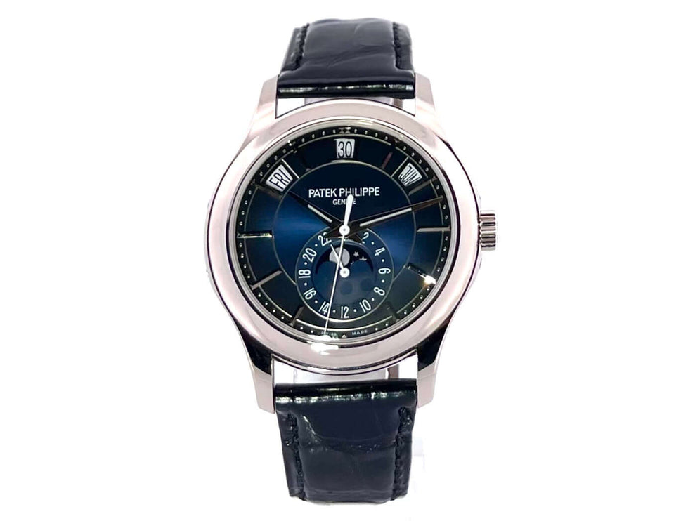 Patek Philippe Complications Annual Calendar Mondphase 5205G-013 Armbanduhr mit blauem Zifferblatt und schwarzem Lederband