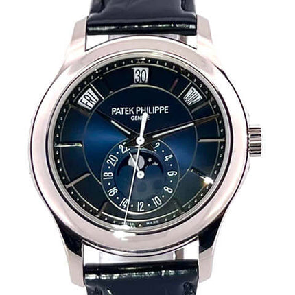 Patek Philippe Complications Annual Calendar Mondphase 5205G-013 mit blauem Zifferblatt und schwarzem Lederband