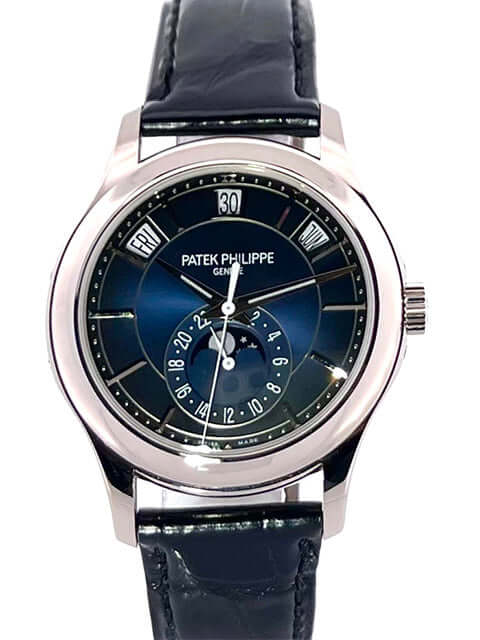 Patek Philippe Complications Annual Calendar Mondphase 5205G-013 mit blauem Zifferblatt und schwarzem Lederband