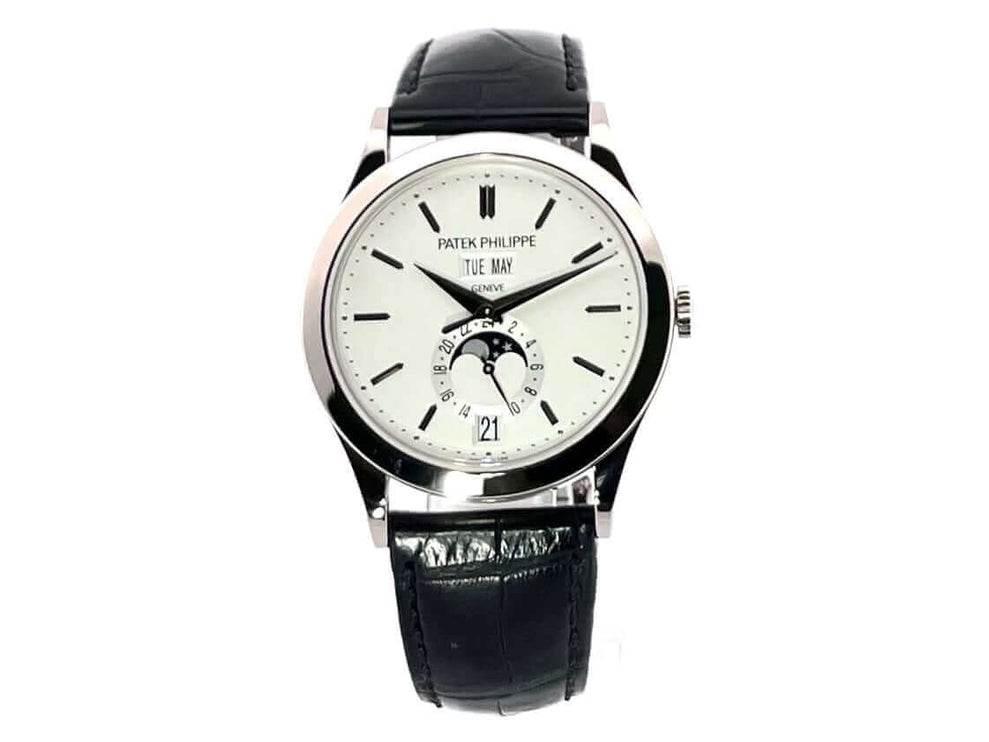 Patek Philippe Complications Annual Calendar Mondphase 5396G-011 aus 18 kt Weißgold mit schwarzem Lederband und silberfarbenem Zifferblatt