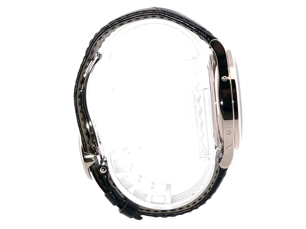 Patek Philippe Complications Annual Calendar 5396G-011 Seitenansicht mit schwarzem Lederband und 18-kt poliertem Weißgoldgehäuse