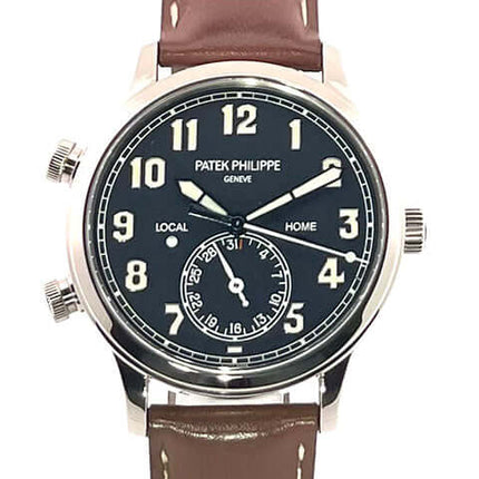 Patek Philippe Calatrava Pilot Travel Time Weißgold 5524G-001 mit braunem Lederarmband und blauem Zifferblatt