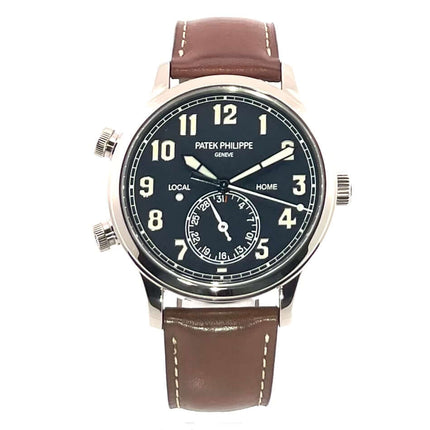 Patek Philippe Calatrava Pilot Travel Time Weißgold 5524G-001, 18 kt Weißgold Gehäuse, braunes Lederarmband, blaues Zifferblatt, 2017 Modell