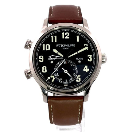 Patek Philippe Calatrava Pilot Travel Time Weißgold 5524G-001 mit braunem Lederarmband und blauem Zifferblatt