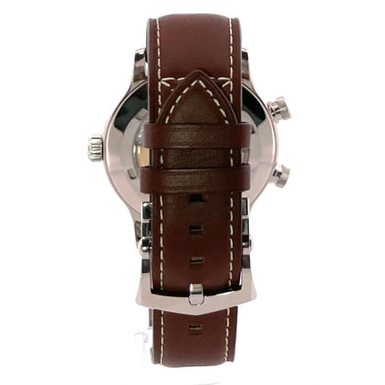 Patek Philippe Calatrava Pilot Travel Time 5524G-001 Rückansicht braunes Lederarmband und Weißgold Dornschließe