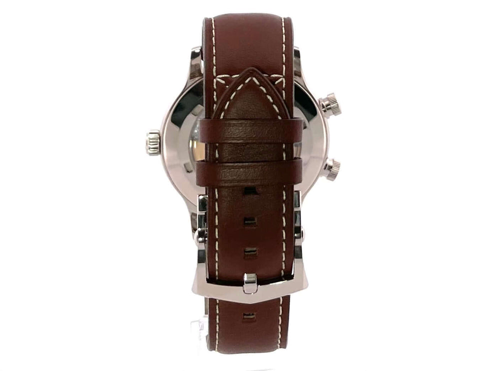 Patek Philippe Calatrava Pilot Travel Time 5524G-001 Rückansicht braunes Lederarmband und Weißgold Dornschließe