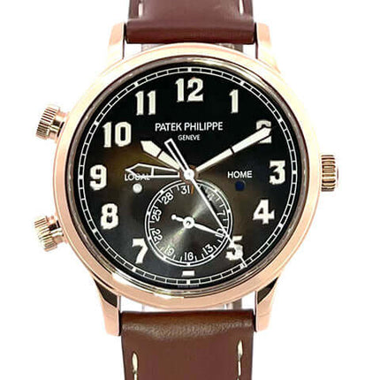 Patek Philippe Calatrava Pilot Travel Time 5524R-001, 18 kt Roségold Gehäuse, braunes Lederarmband, braunes Zifferblatt mit arabischen Ziffern