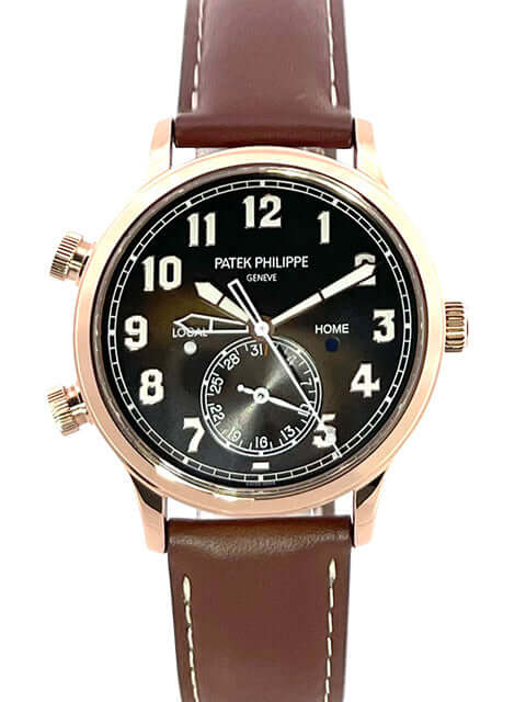 Patek Philippe Calatrava Pilot Travel Time 5524R-001, 18 kt Roségold Gehäuse, braunes Lederarmband, braunes Zifferblatt mit arabischen Ziffern