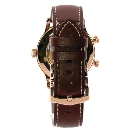 Patek Philippe Calatrava Pilot Travel Time 5524R-001 Rückseite mit braunem Lederarmband und 18 kt Roségold Dornschließe