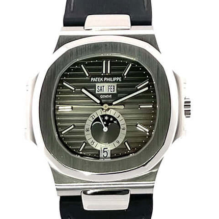 Patek Philippe Nautilus 5726A-001, Edelstahlgehäuse, schwarzes Zifferblatt und Lederband, Automatikaufzug Jahreskalender Mondphase Uhr.