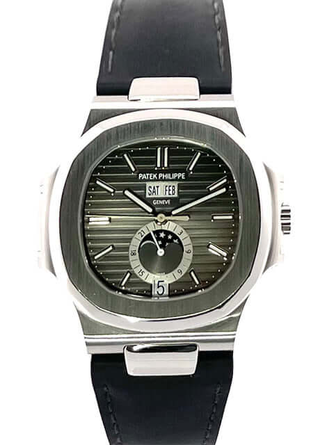 Patek Philippe Nautilus 5726A-001, Edelstahlgehäuse, schwarzes Zifferblatt und Lederband, Automatikaufzug Jahreskalender Mondphase Uhr.