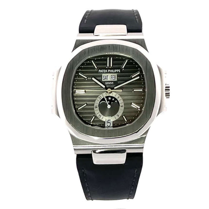 Patek Philippe Nautilus 5726A-001, schwarzes Zifferblatt, Mondphase, Edelstahlgehäuse, schwarzes Lederband, Jahreskalender Uhr.