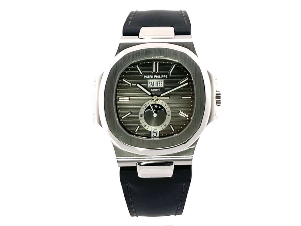 Patek Philippe Nautilus 5726A-001, schwarzes Zifferblatt, Mondphase, Edelstahlgehäuse, schwarzes Lederband, Jahreskalender Uhr.