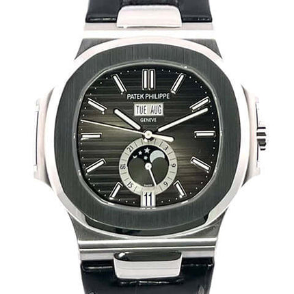 Patek Philippe Nautilus Annual Calendar Mondphase 5726A-001, Edelstahlgehäuse 40,5 mm, schwarzes Lederband, schwarzes Zifferblatt