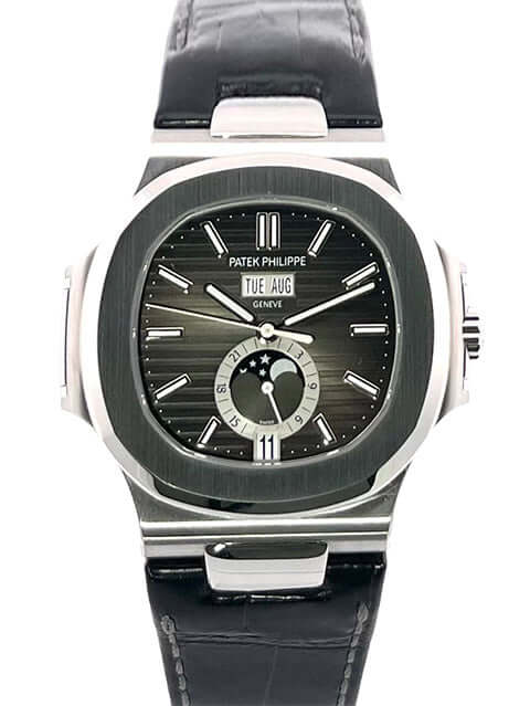Patek Philippe Nautilus Annual Calendar Mondphase 5726A-001, Edelstahlgehäuse 40,5 mm, schwarzes Lederband, schwarzes Zifferblatt