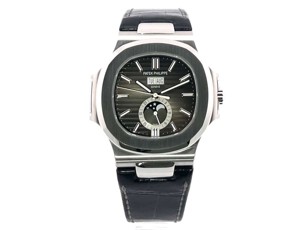 Patek Philippe Nautilus Annual Calendar Mondphase Ref. 5726A-001, Edelstahlgehäuse, schwarzes Lederband, automatischer Aufzug, schwarzes Zifferblatt