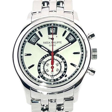 Patek Philippe Annual Calendar 5960/1A-001 Edelstahl Uhr mit poliertem Gehäuse und Armband, silberfarbenes Zifferblatt, mechanisches Werk.